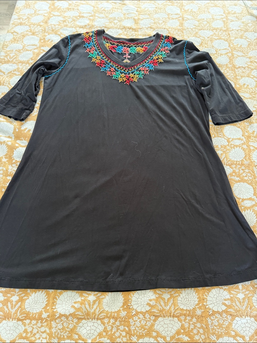 Double D Ranch 2X Black Tunic dress Multicolor embroidered V-Neck 3/4 sleeves